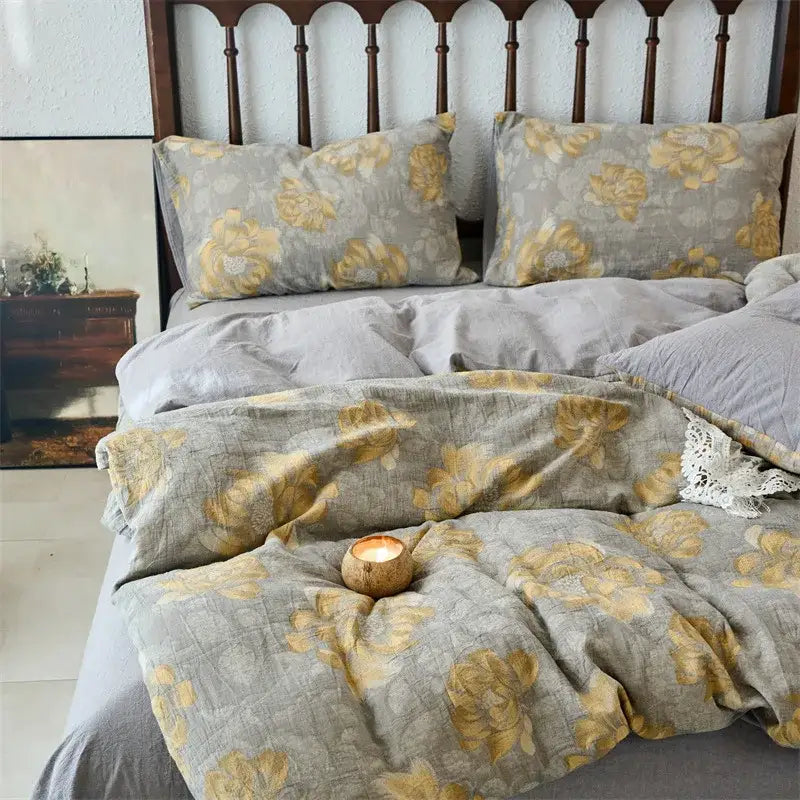 Floral beige and brown jacquard duvet cover set with gray and gold floral textured linen-like fabric cotton bedding