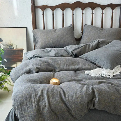 Gray linen duvet cover set with subtle pattern in floral beige and brown jacquard cotton bedding for bedroom use