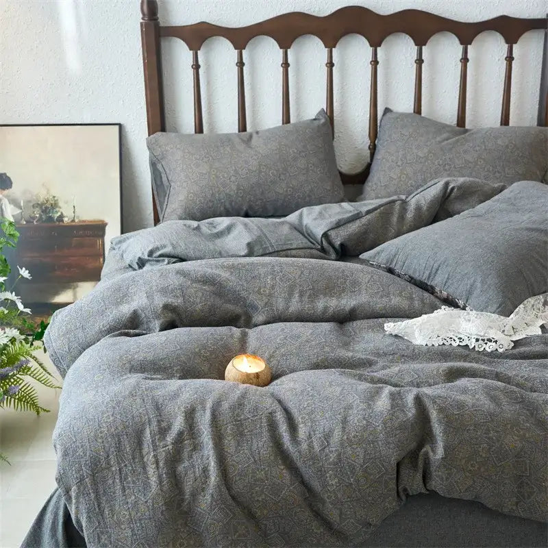 Gray linen duvet cover set with subtle pattern in floral beige and brown jacquard cotton bedding for bedroom use