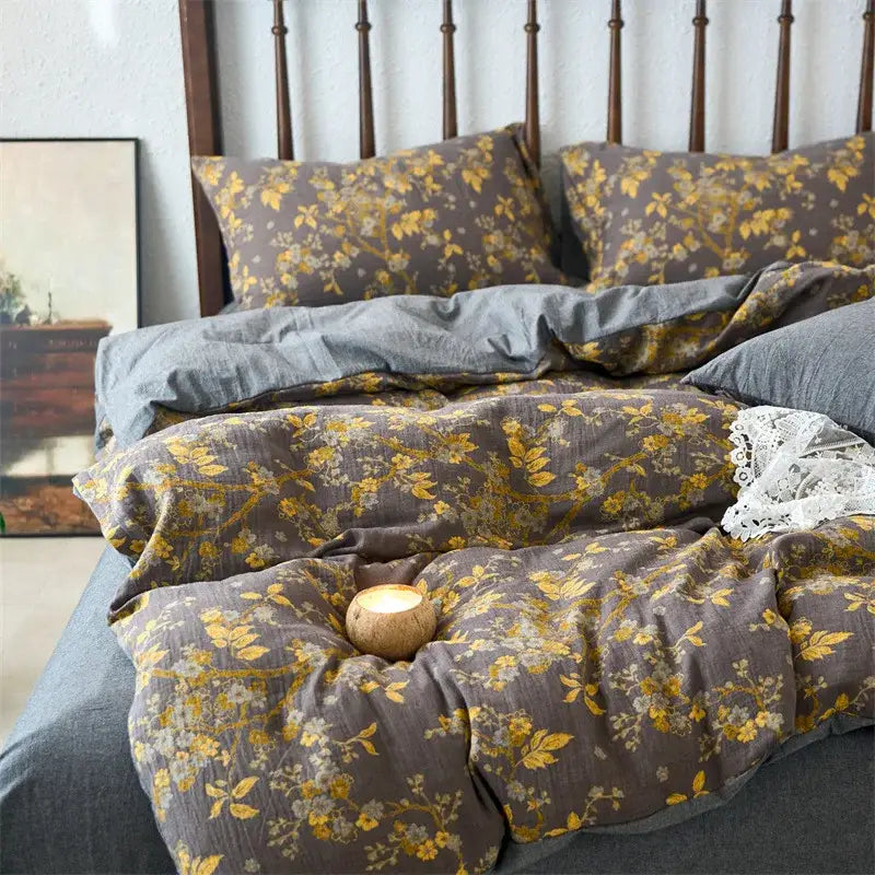 Gray and yellow floral patterned linen duvet cover set with matching pillows for bedroom cotton bedding cover set