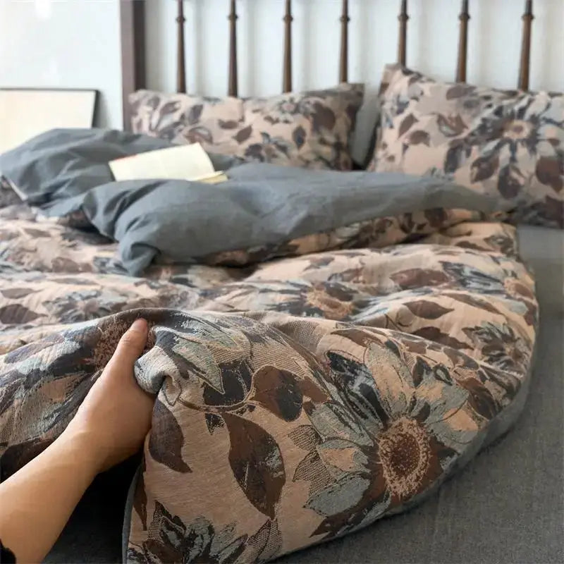 Floral beige and brown jacquard cotton duvet cover set featuring earth-toned soft floral patterns for bedding