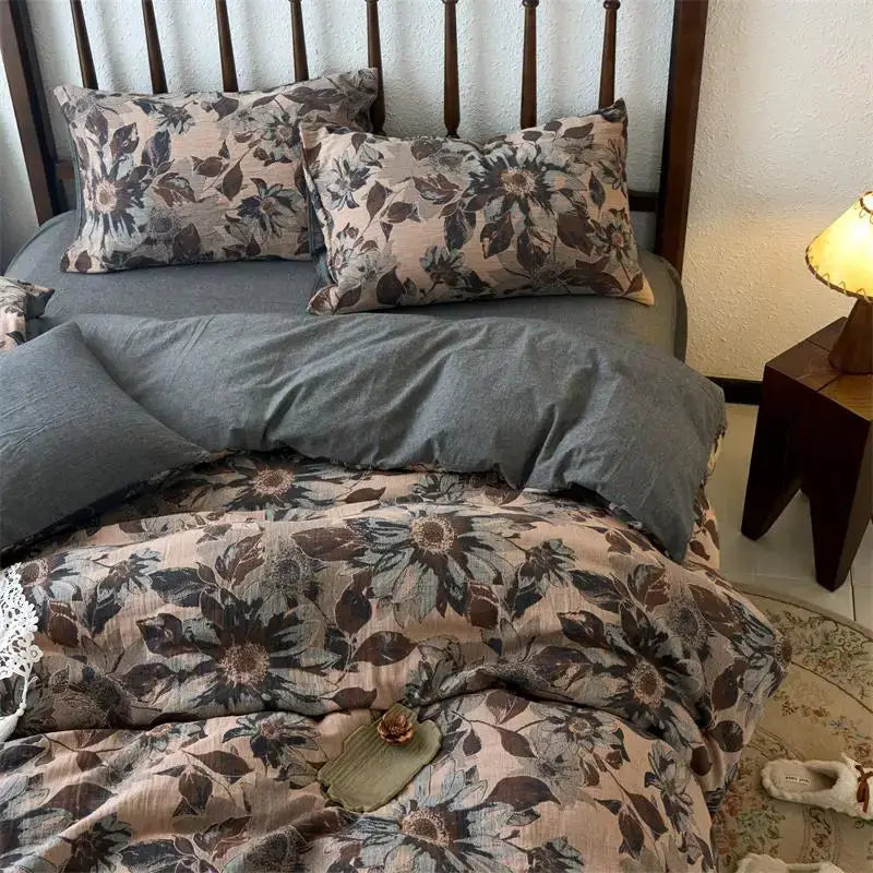 Floral beige and brown jacquard cotton duvet cover set with gray and brown floral pattern and soft textured fabric finish