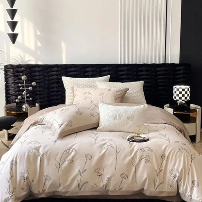 Beige floral-patterned satin egyptian cotton bedding set with embroidered muse land pillow for bedroom use