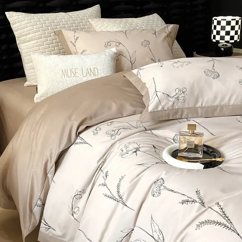 Beige satin duvet cover with delicate black floral embroidery in floral beige egyptian cotton bedding set