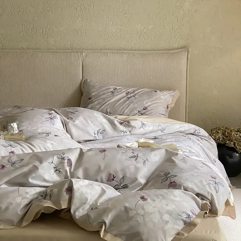 Soft off-white floral beige egyptian cotton bedding set with pink and gray embroidery for bedroom muse land print