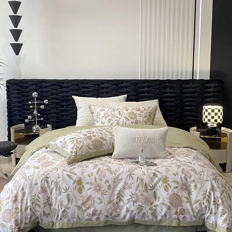 Floral beige egyptian cotton bedding set with soft pastel pink and green floral pattern on a white background