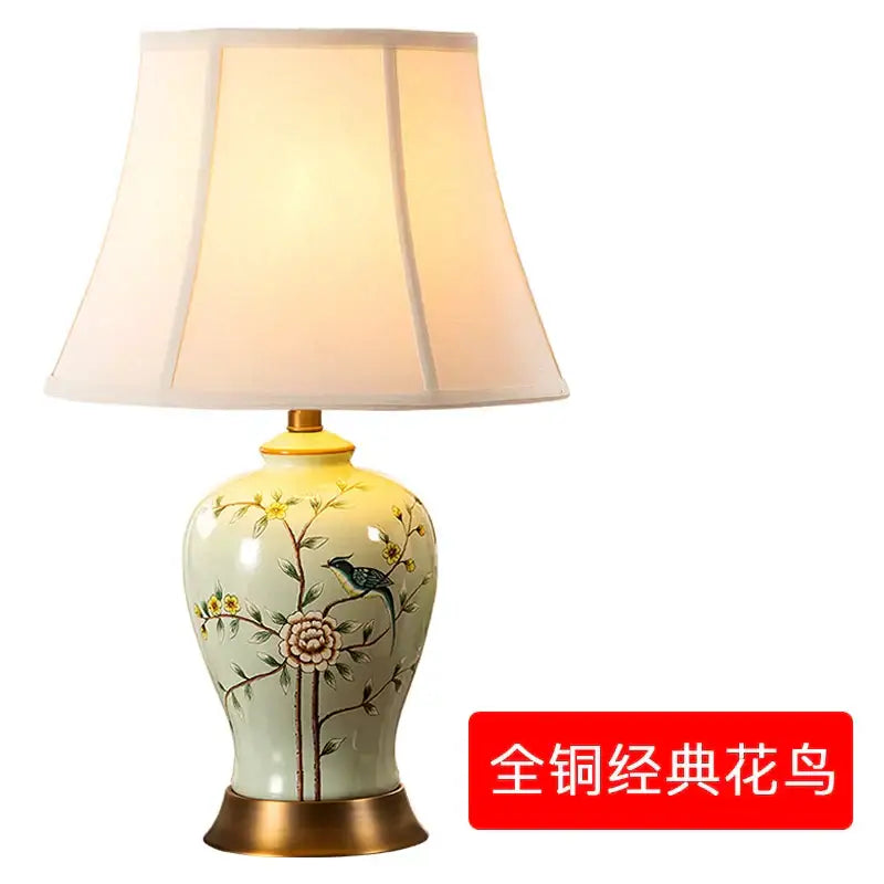 Classic ceramic table lamp with pale green floral bird design and cream pleated shade for living room decorbites ceramic vase