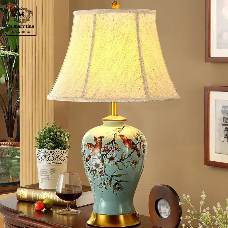 Floral bird ceramic vase table lamp with light blue hand-painted base and beige fabric shade for living room decor