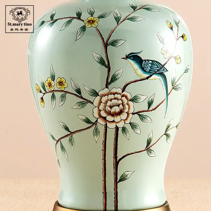 Delicate light green decorbites ceramic vase table lamp with hand-painted floral and bird motifs for living room decor