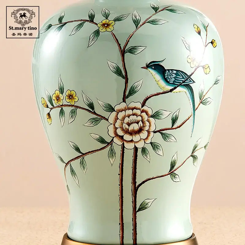 Delicate light green decorbites ceramic vase table lamp with hand-painted floral and bird motifs for living room decor