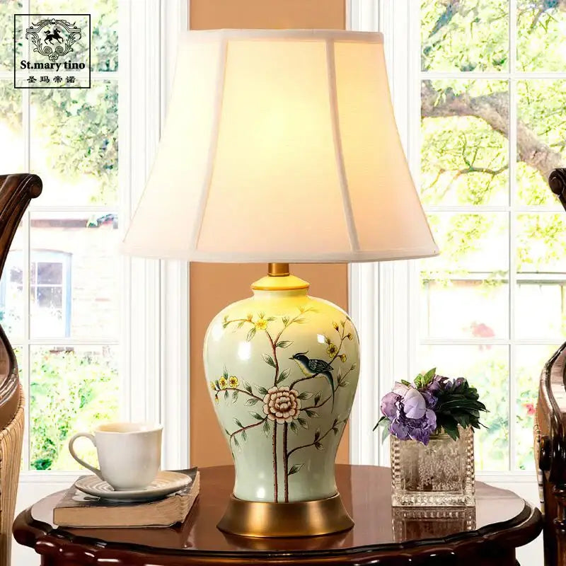 A delicate light green ceramic table lamp with hand-painted floral bird motifs and gold-toned metal base for living room decorbites ceramic vase