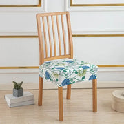 Floral blue and green elastic print chair cover with stretchy fabric design for dining room chairs