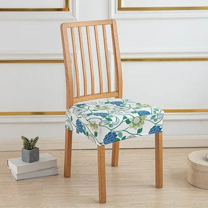 Floral blue and green elastic print chair cover with stretchy fabric design for dining room chairs