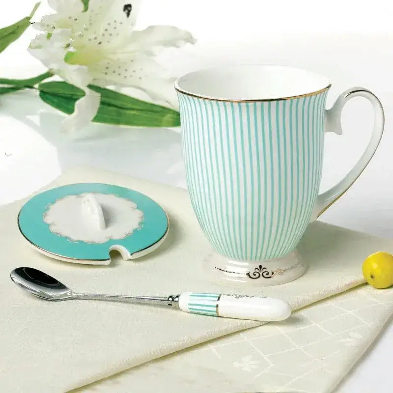 Turquoise and white striped bone china tea set mug with gold rim ornate base and matching lid for elegant dining room use
