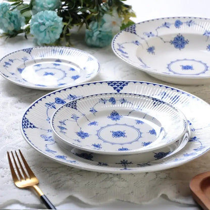Floral blue and white ceramic dinner plate with intricate patterns from decorbites ceramic dinner dinnerware set