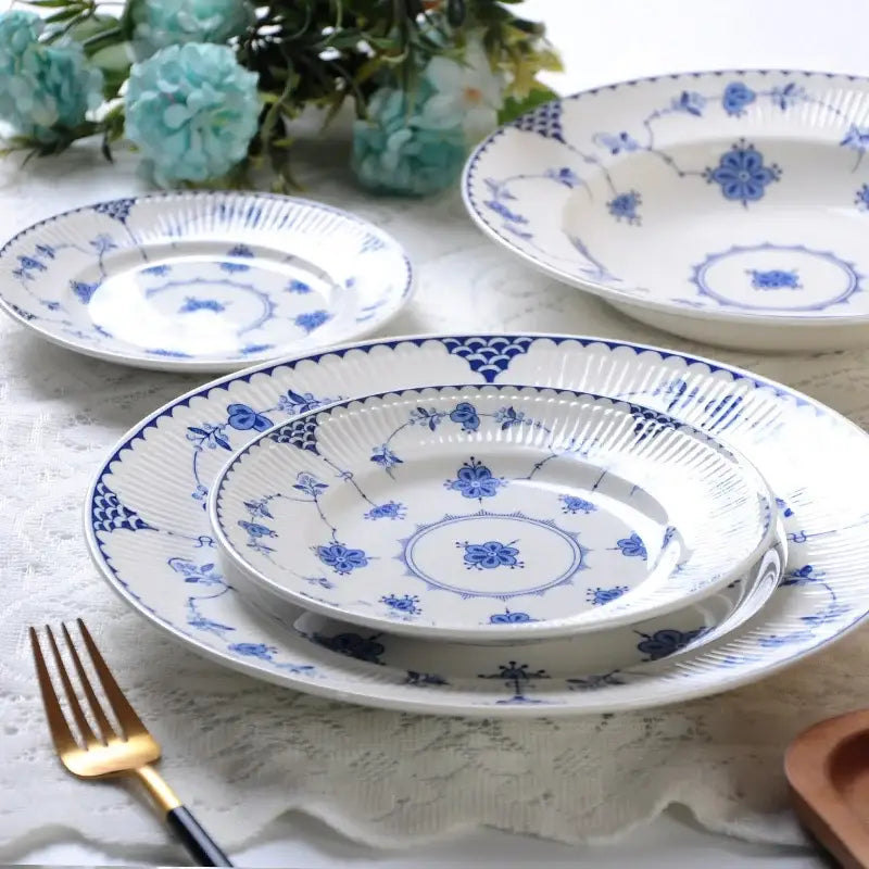 Floral blue and white ceramic dinner plate with intricate patterns from decorbites ceramic dinner dinnerware set