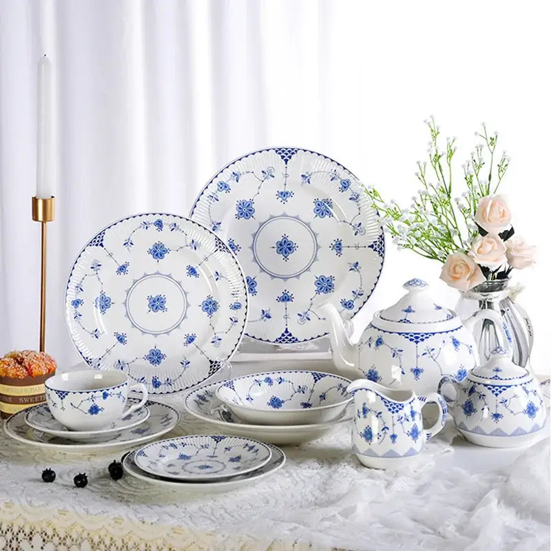 Floral blue and white ceramic dinner plate with delicate patterns from decorbites ceramic dinnerware set
