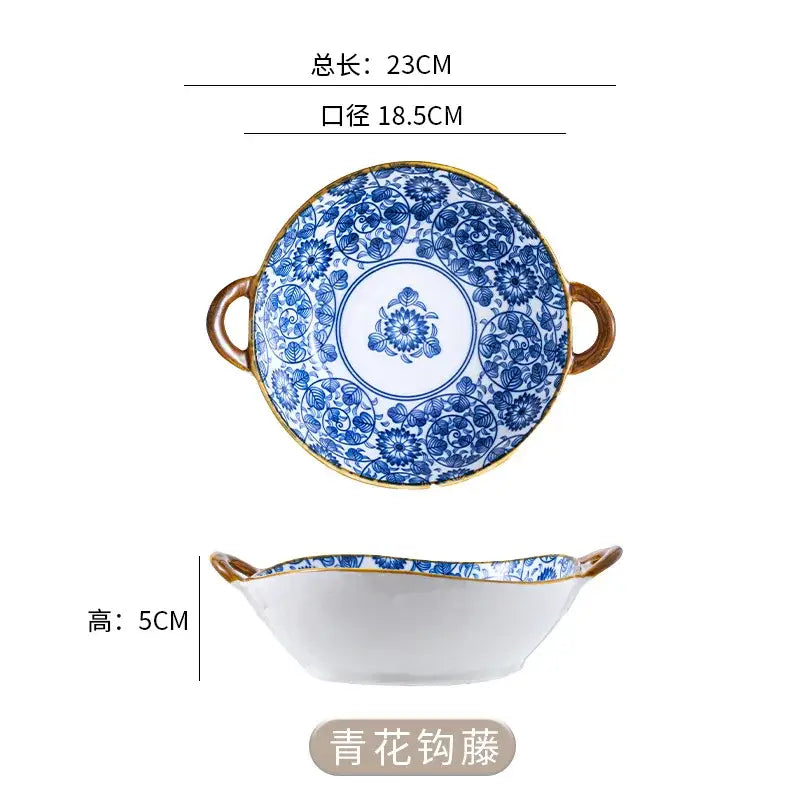 A blue and white porcelain decorbites ceramic double ear ramen soup bowl with gold-rimmed handles and floral patterns