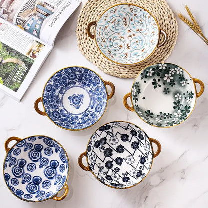 Blue and white ceramic double ear ramen soup bowls with gold handles featuring floral and geometric patterns decorbites ceramic double