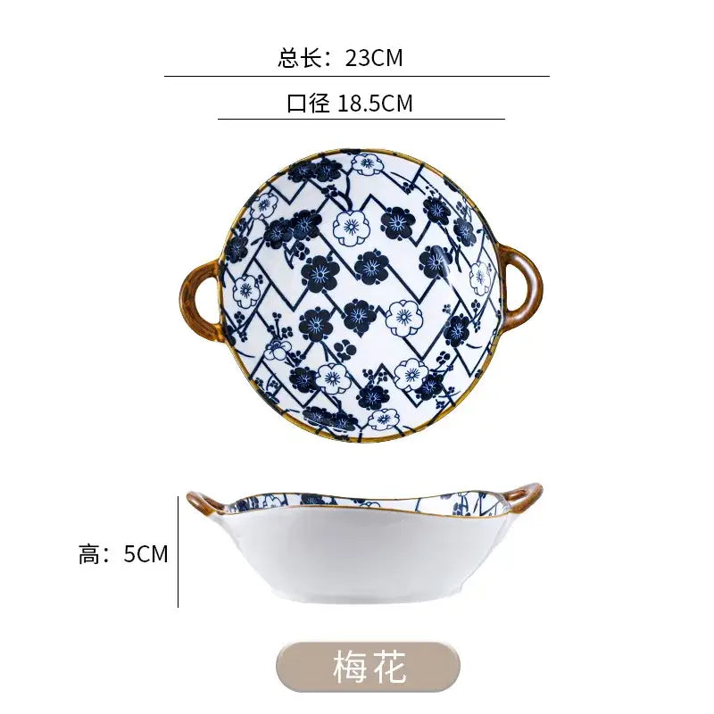 White ceramic double ear ramen soup bowl with blue plum blossom patterns and gold-rimmed decorbites ceramic double handles