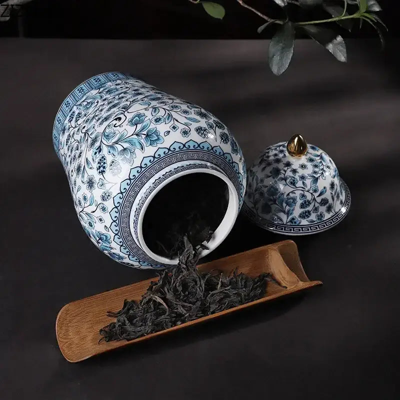 Floral blue white ceramic ginger jar set featuring a blue white ceramic porcelain tea canister with gold lid decorbites blue white
