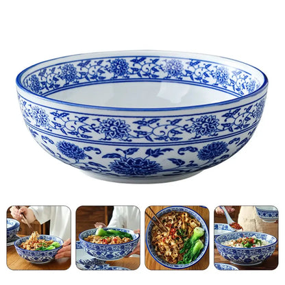 A white ceramic soup bowl with intricate blue floral patterns from decorbites blue for dining room noodle dishes