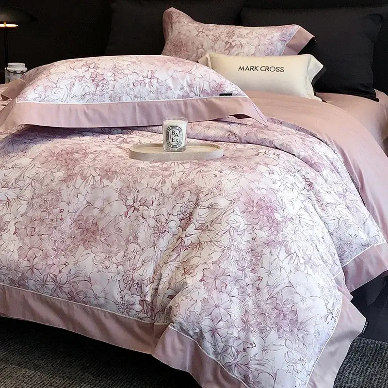 Pink floral patterned satin bed set with matching pillowcases and solid pink border for egyptian cotton bedding sets