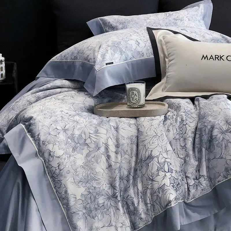 Elegant gray floral satin egyptian cotton bedding set with blue accents and matching pillowcase by mark brand