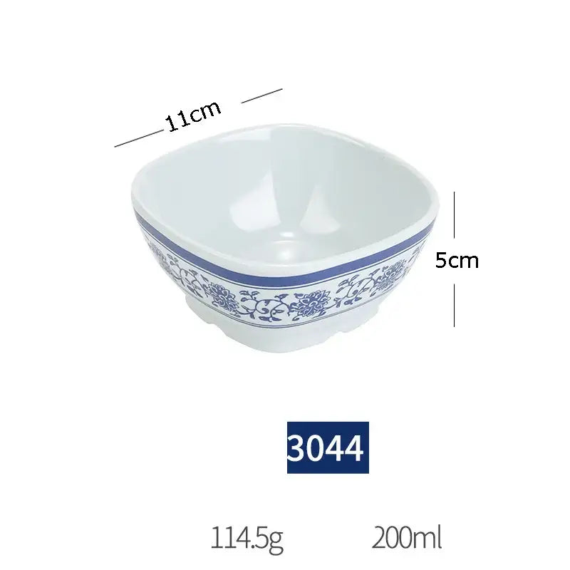 White imitation porcelain bowl with blue floral pattern and rim 11cm wide for floral blue and white dinner set