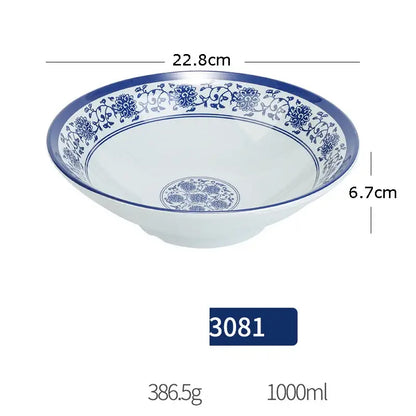 White imitation porcelain dinner set bowl with intricate blue floral patterns and glossy finish for dining room use