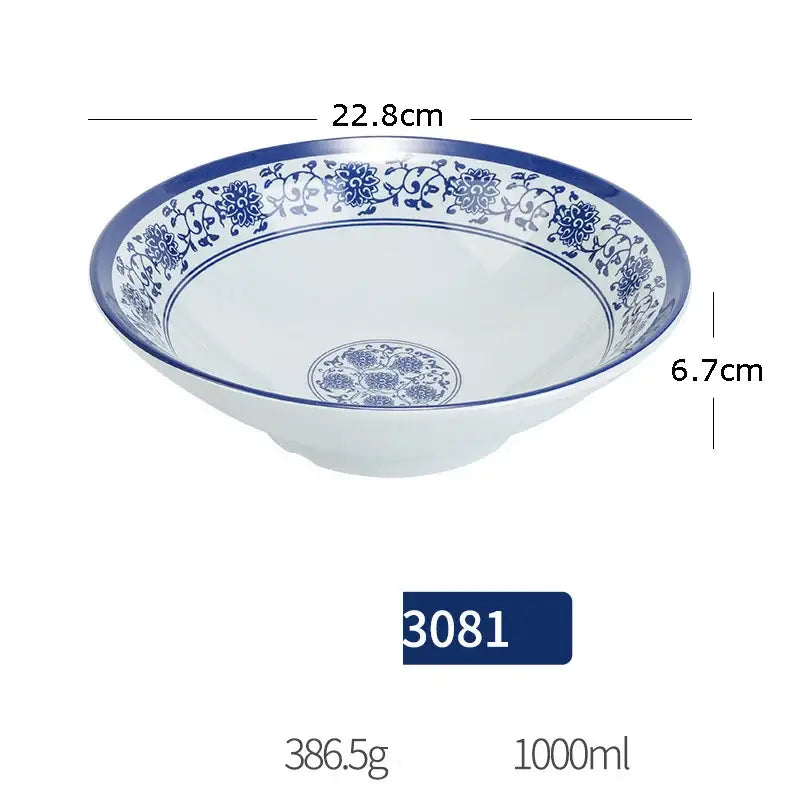 White imitation porcelain dinner set bowl with intricate blue floral patterns and glossy finish for dining room use