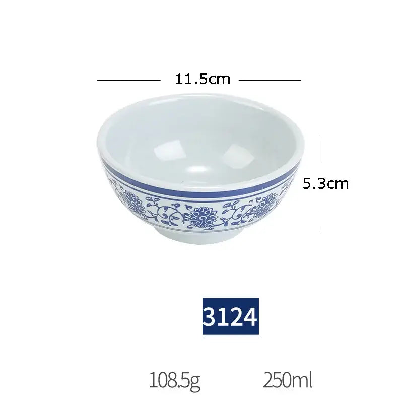 A white imitation porcelain dinner set bowl with blue floral pattern and solid band holds 250ml liquid