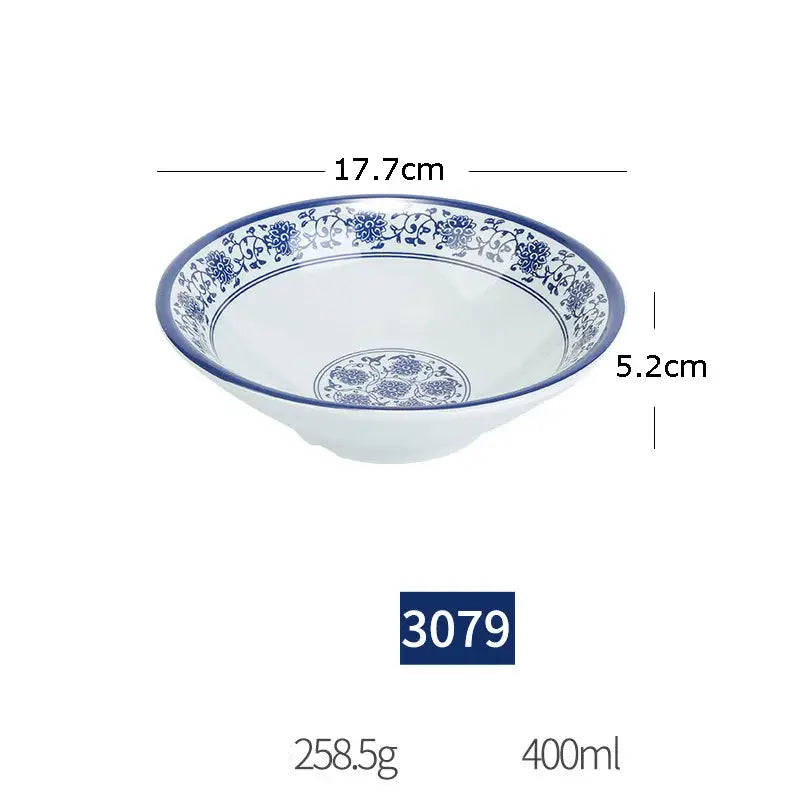 White imitation porcelain dinner set bowl with intricate blue floral patterns and glossy finish for dining room use