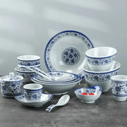 Floral blue and white imitation porcelain dinner set with intricate floral patterns for dining room use