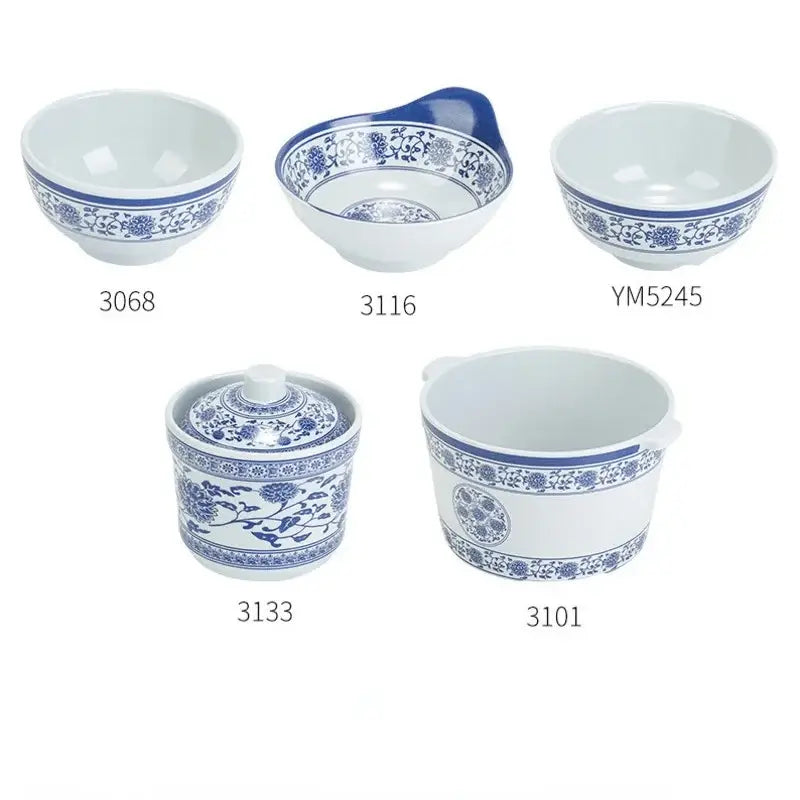 Blue and white floral dinner set featuring intricate patterns in white imitation porcelain for dining room use