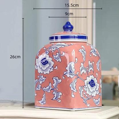 A pink ceramic floral blue white porcelain general jar with matching lid and blue knob for living room decorbites decor