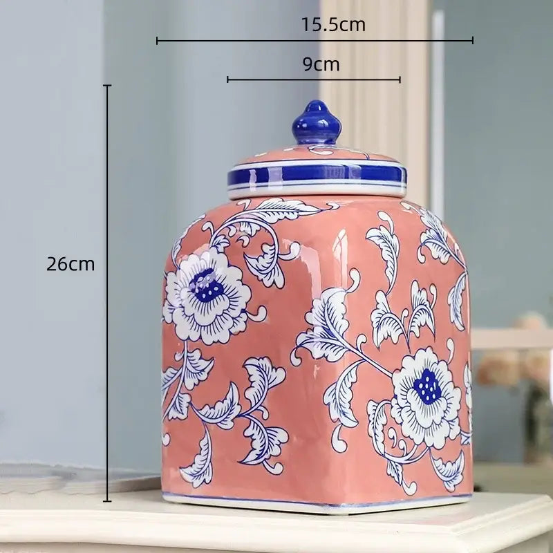 A pink ceramic floral blue white porcelain general jar with matching lid and blue knob for living room decorbites decor