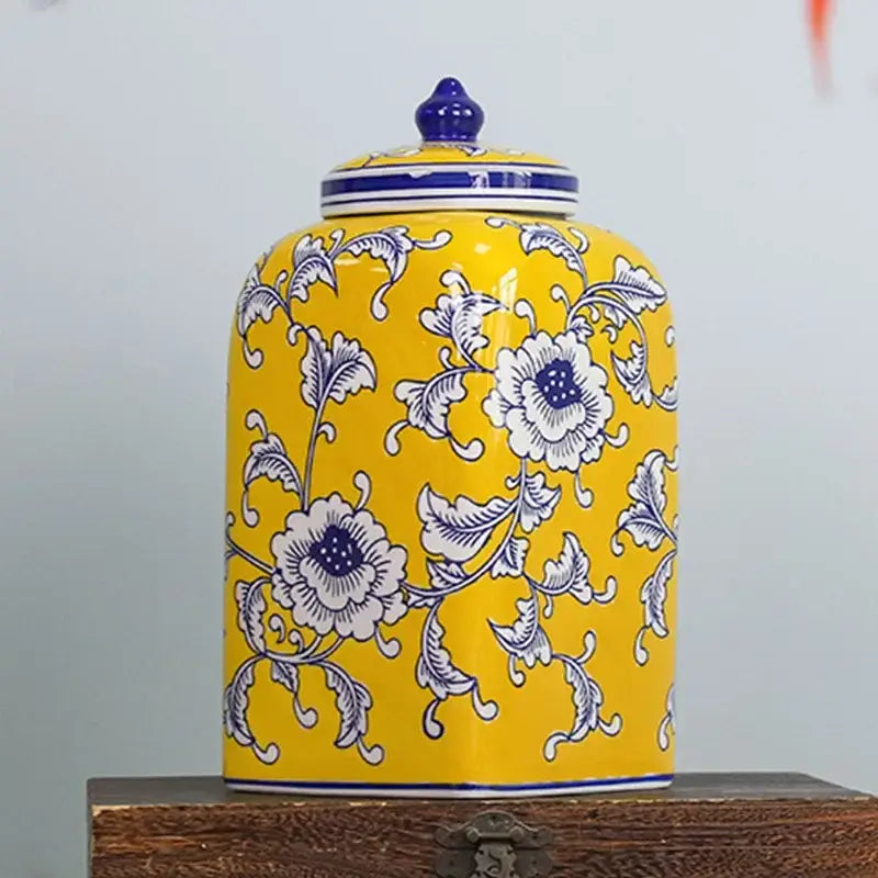 Vibrant yellow ceramic blue white porcelain general jar with intricate floral patterns and purple knob lid for decorbites blue white decor