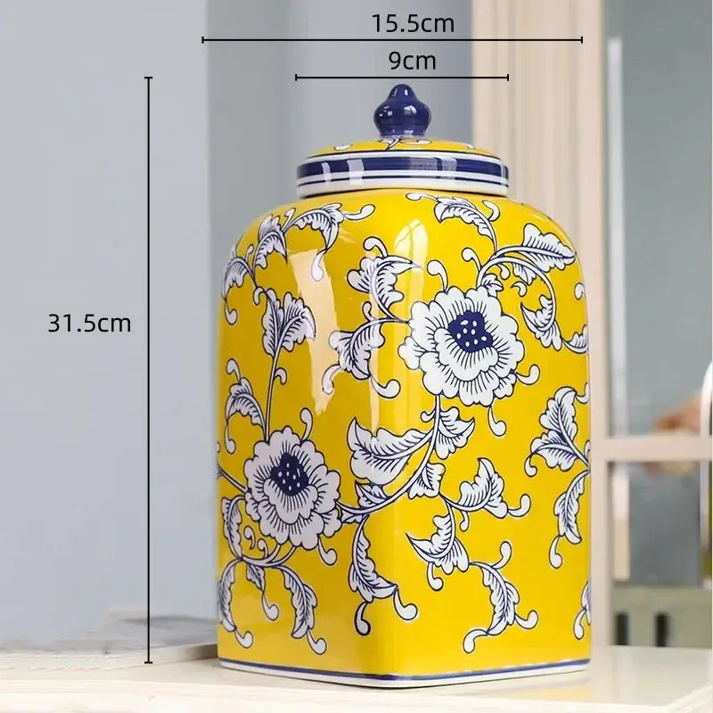 Vibrant yellow floral blue white porcelain general jar with intricate patterns and glossy dark blue knob for decorbites blue white decor