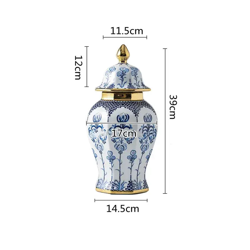 Floral blue and white porcelain general jar vase with gold accents for living room decor