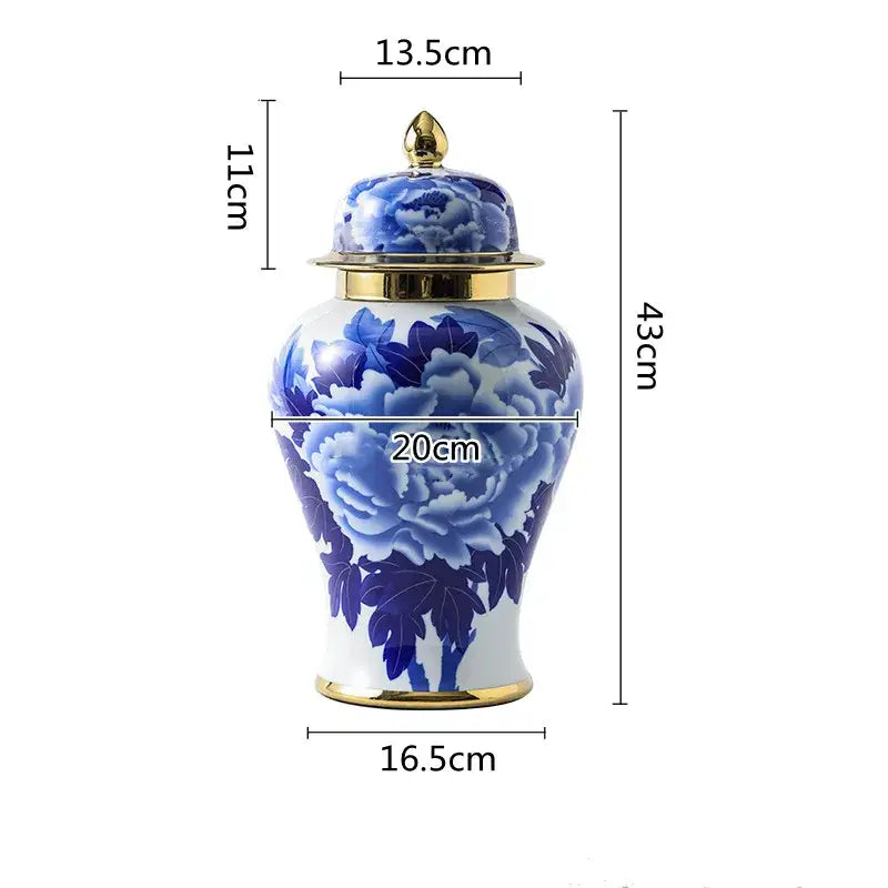 Decorative blue and white porcelain general jar vase with peony pattern and gold-trimmed lid for living room decor