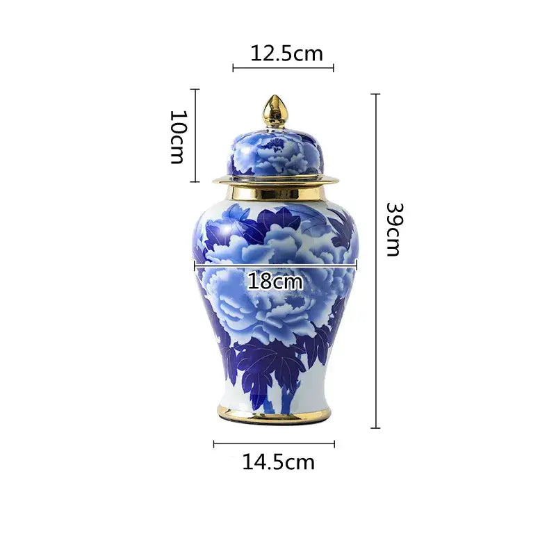 Floral blue and white porcelain general jar vase with gold-trimmed lid and peony patterns for living room decor