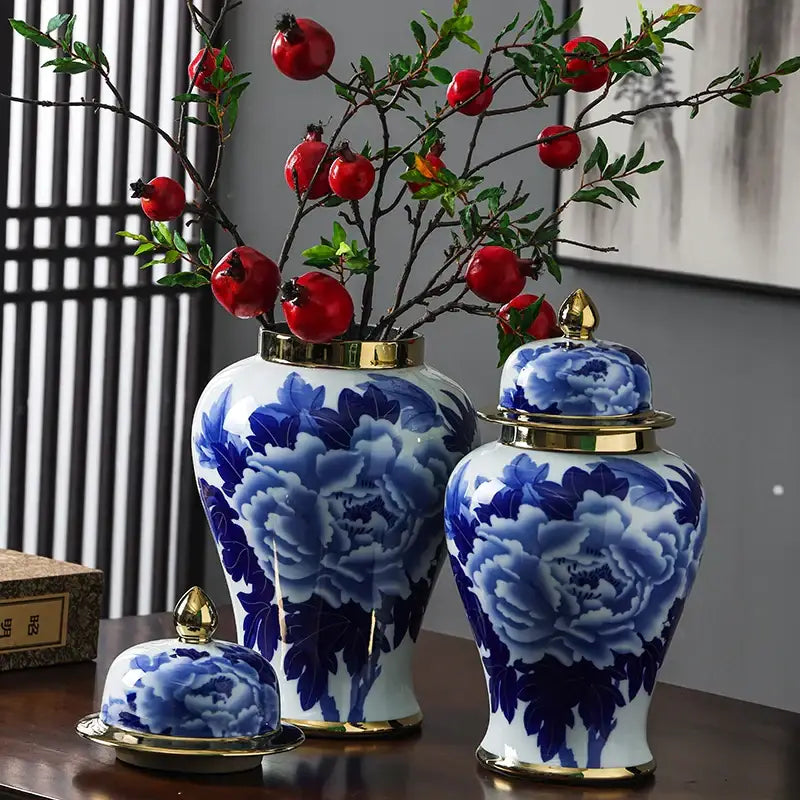 Floral blue and white porcelain general jar vase with gold-trimmed lids and intricate peony patterns for living room decor