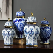 Blue and white porcelain general jar vase with gold-trimmed lids featuring intricate floral patterns for living room decor