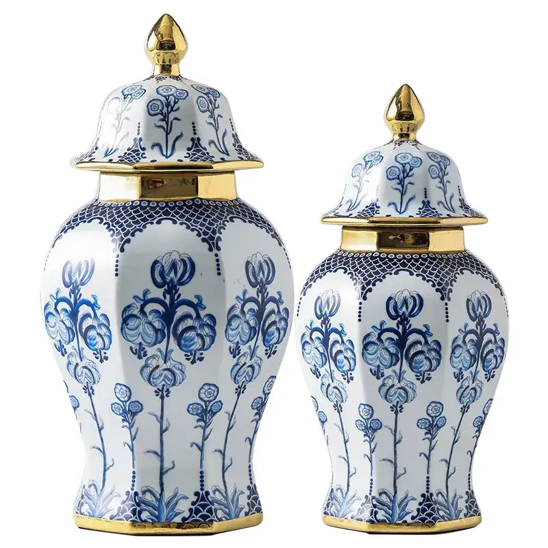 Floral blue and white porcelain general jar vase with gold-trimmed lids and bases for living room decor