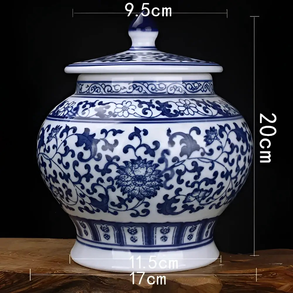 A classic blue white porcelain storage tank with intricate floral patterns and matching lid for living room decorbites blue white jar
