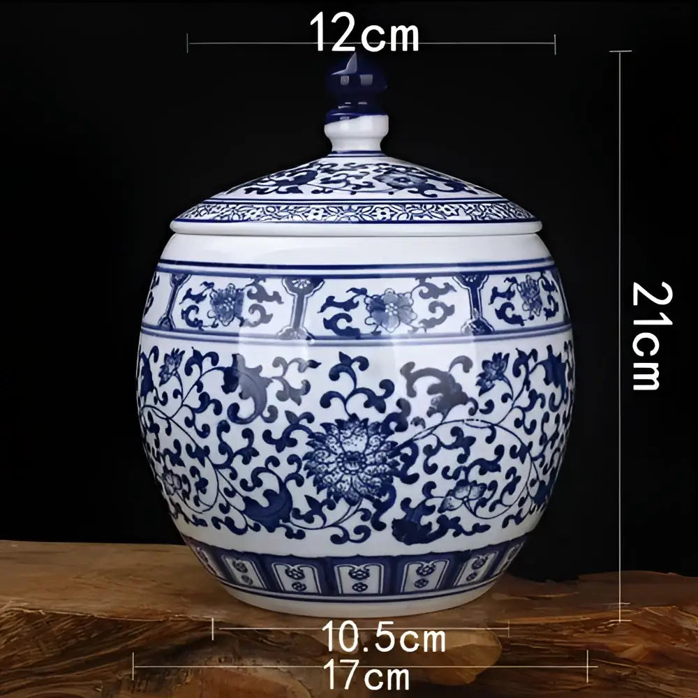 Floral blue and white porcelain storage tank with intricate floral patterns and glossy finish for living room decorbites blue white jar