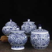 Floral blue and white porcelain storage tank with intricate floral patterns for living room decorbites blue white jar