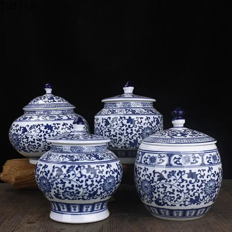 Floral blue and white porcelain storage tank with intricate floral patterns for living room decorbites blue white jar