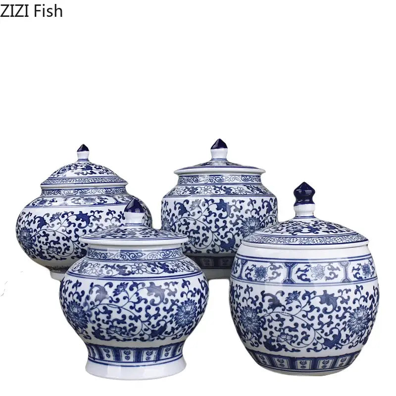 Set of four blue white porcelain storage tanks with intricate floral patterns for living room decorbites blue white decor